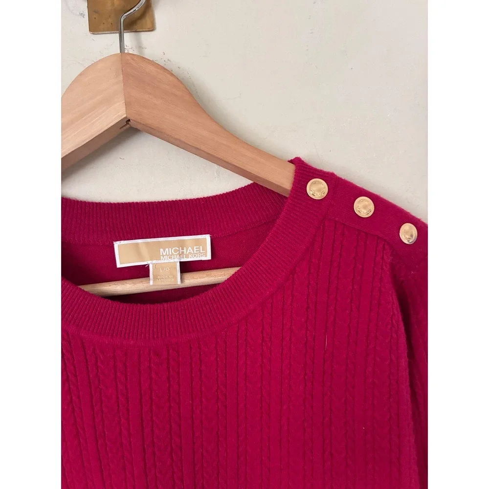 Michael Michael Kors Pink Cable Knit Shoulder Button Sweater Magenta Large